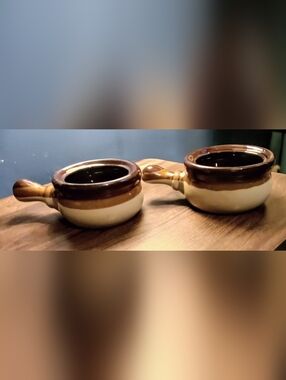Pair of Two-Tone Ceramic Handle  French Onion Soup Bowls